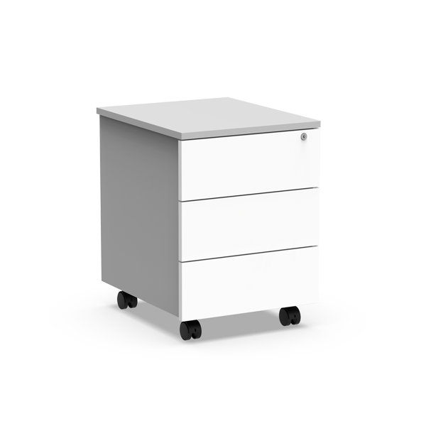 Bloco Atlantic branco com três gavetas, fechadura e rodas pretas.