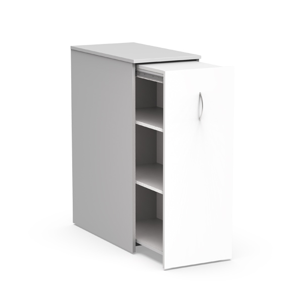 Armário Atlantic branco e cinzento com porta de correr parcialmente aberta, a mostrar as prateleiras.