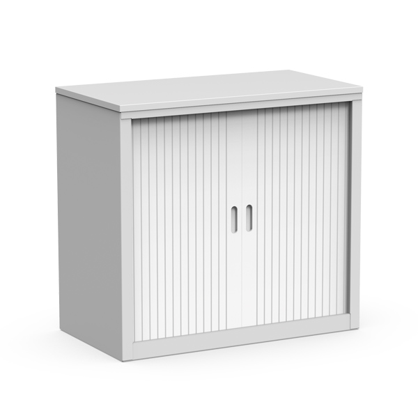 Armário Atlantic branco com portas de persiana e puxadores embutidos.