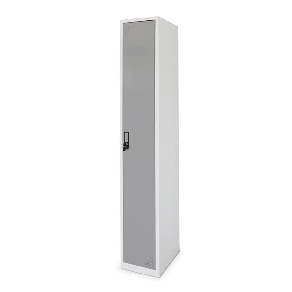 Cacifo de vestiário com porta cinzenta, estrutura branca, aberturas de ventilação e fechadura.