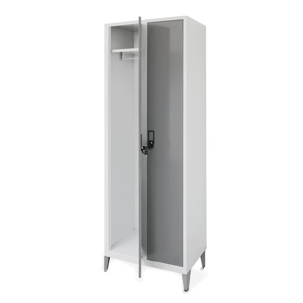 Cacifo de vestiário branco com pés e porta parcialmente aberta.