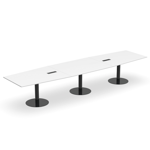 Mesa de reuniões Atlantic com tampo rectangular branco, bases pretas e aberturas para passagem de cabos.