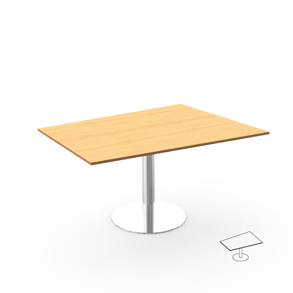 Mesa de reuniões Atlantic com tampo quadrado de madeira e base central metálica, acompanhada de um desenho esquemático.