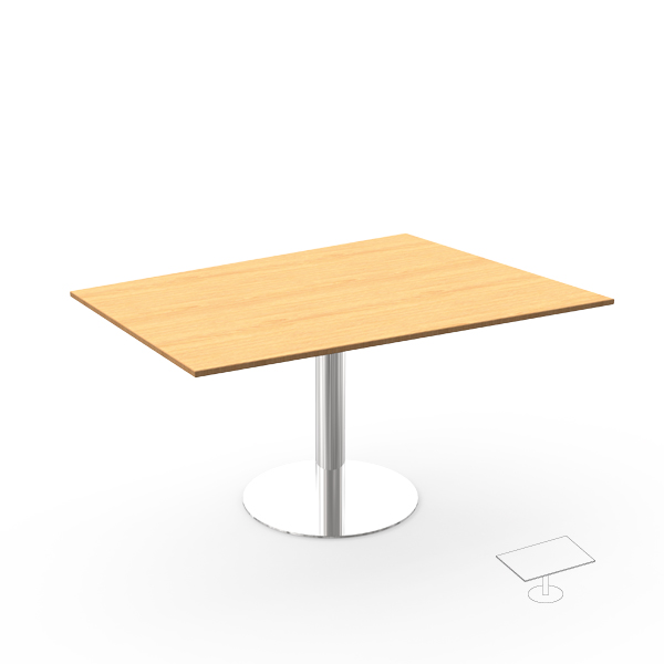 Mesa de reuniões Atlantic com tampo quadrado de madeira clara e base central circular, acompanhada de um desenho esquemático.