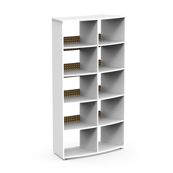 Estante BOX Curvo alta e branca, com compartimentos abertos e painéis interiores perfurados.
