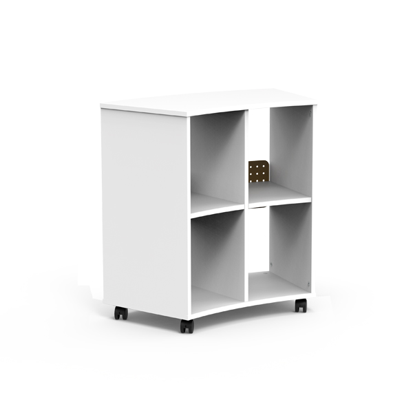 Estante BOX Curvo Interior branca com compartimentos abertos, painel perfurado e rodas.