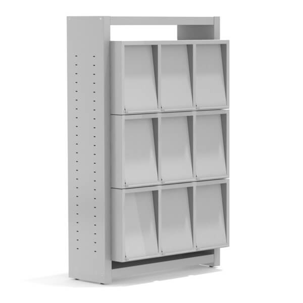 Expositor BIBLUS Metal cinzento com compartimentos inclinados dispostos em filas e colunas.