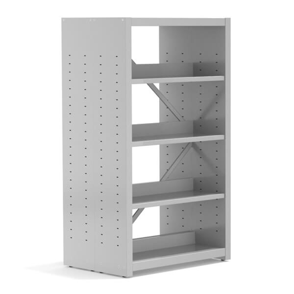 Estante dupla BIBLUS Metal cinzenta com prateleiras e laterais perfuradas.