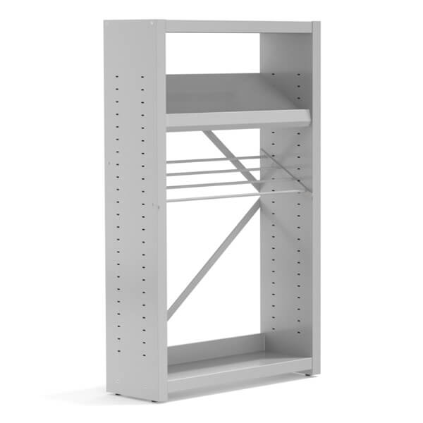 Expositor BIBLUS Metal cinzento com laterais perfuradas, prateleira inclinada e barras horizontais.