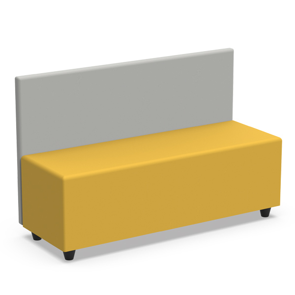 Assento com encosto cinzento-claro, assento amarelo-mostarda e p&eacute;s pretos.