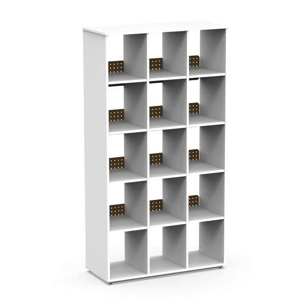 Estante BOX Recto alta e branca, com compartimentos quadrados e divisórias perfuradas.