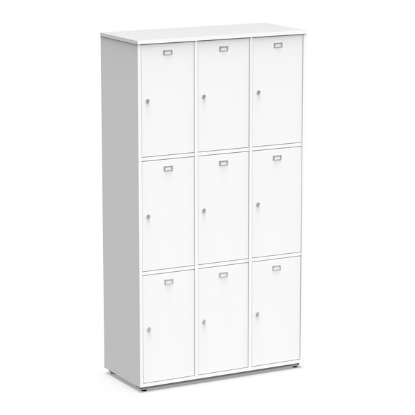 Cacifo Atlantic branco com nove portas individuais com puxadores e fechaduras.