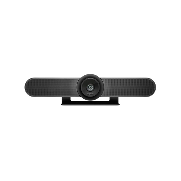 Sistema de videoconfer&ecirc;ncia Logitech MeetUp preto, com c&acirc;mara integrada numa barra horizontal.