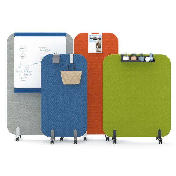 Painéis acústicos MUTE móveis em cinzento, azul, laranja e verde, com acessórios e materiais afixados.