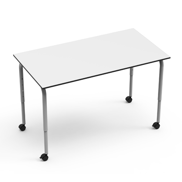 Mesa Desk 21 Rectangular Dupla com tampo branco, pernas cinzentas reguláveis e rodas.