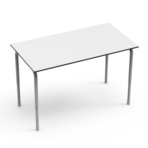 Mesa Desk 21 Rectangular Dupla com tampo branco e pernas metálicas reguláveis.