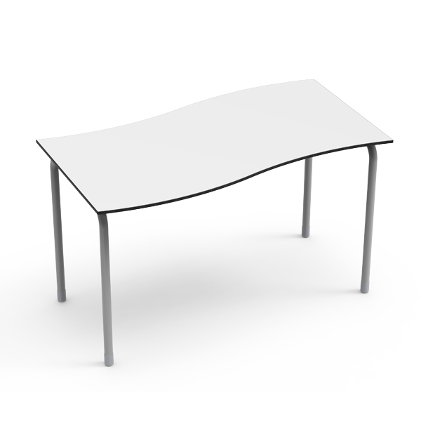 Mesa Desk 21 Rectangular Onda com tampo branco de bordos ondulados e pernas metálicas.