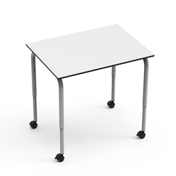 Mesa Desk 21 Rectangular Individual com tampo branco, pernas cinzentas reguláveis e rodas.