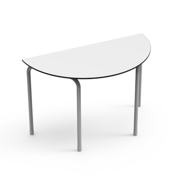 Mesa Desk 21 Semicircular com tampo branco e pernas metálicas.