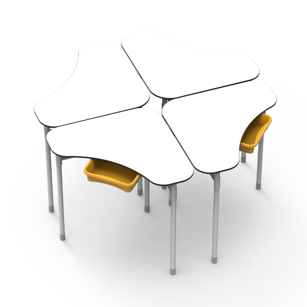 Conjunto de quatro mesas Desk 21 Boomerang com tampos brancos e tabuleiros amarelos.