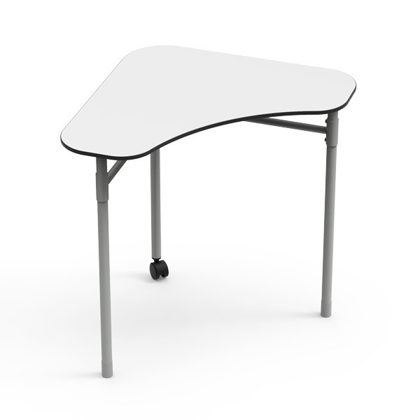 Mesa Desk 21 Boomerang com tampo branco, pernas metálicas cinzentas e uma roda visível.