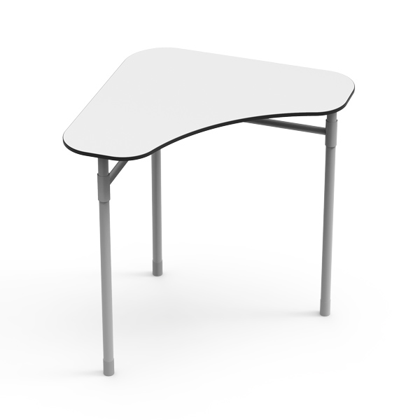 Mesa Desk 21 Boomerang com tampo branco e pernas metálicas reguláveis.