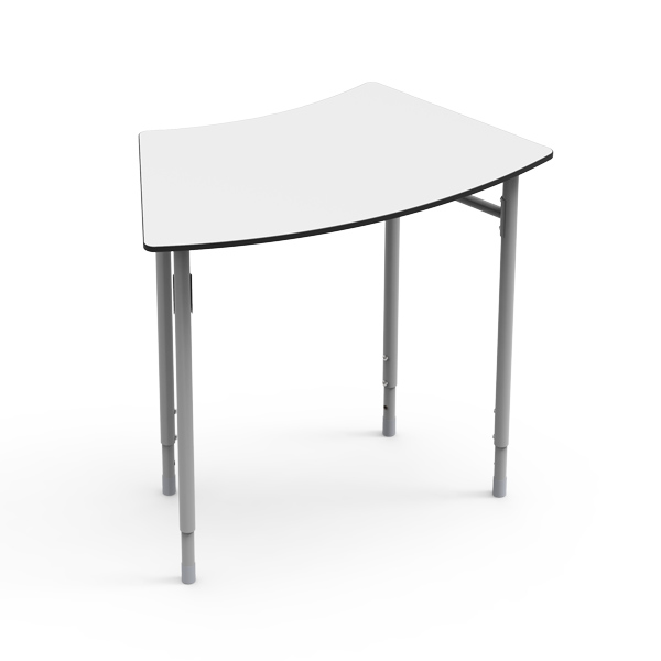 Mesa Desk 21 Curva 8 com tampo branco e pernas metálicas.
