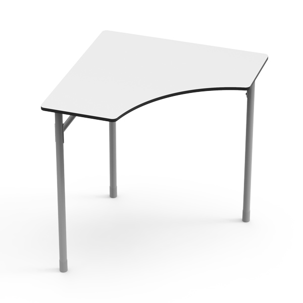 Mesa Desk 21 Delta com tampo branco de bordo curvo e pernas metálicas cinzentas reguláveis.