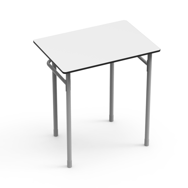 Mesa Desk 21 Rectangular com tampo branco e pernas metálicas cinzentas.