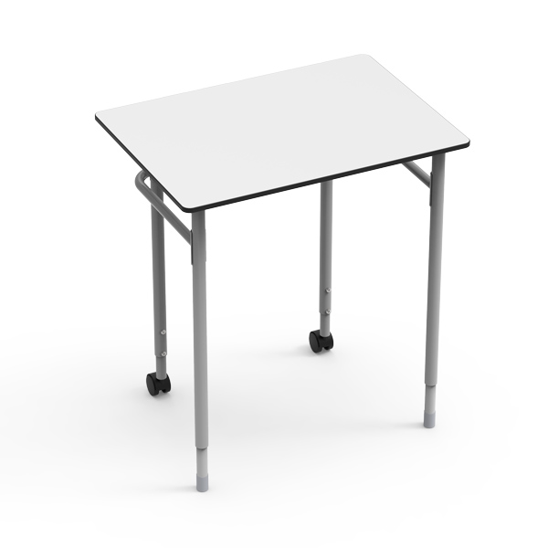 Mesa Desk 21 Rectangular com tampo branco, pernas metálicas cinzentas e rodas.