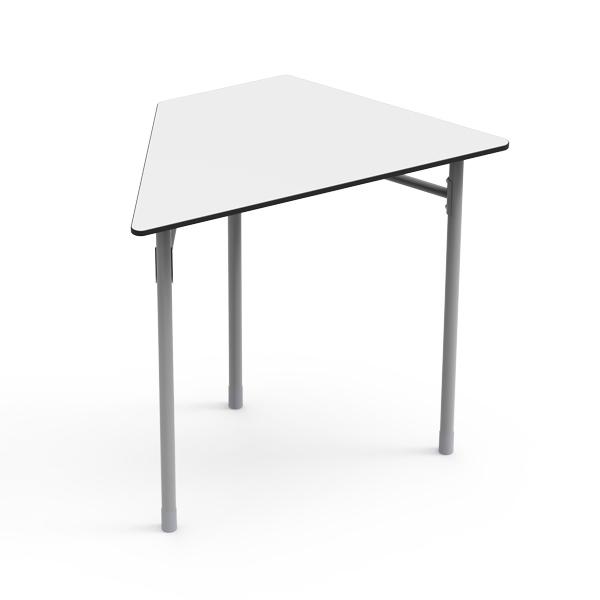 Mesa Desk 21 Trapezoidal 6 com tampo branco e pernas metálicas cinzentas.