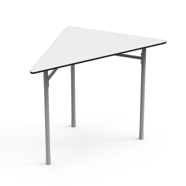 Mesa Desk 21 Triangular com tampo branco e pernas metálicas cinzentas.