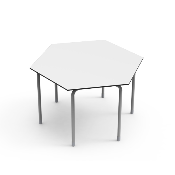 Mesa com tampo hexagonal branco e pernas cilíndricas cinzentas.