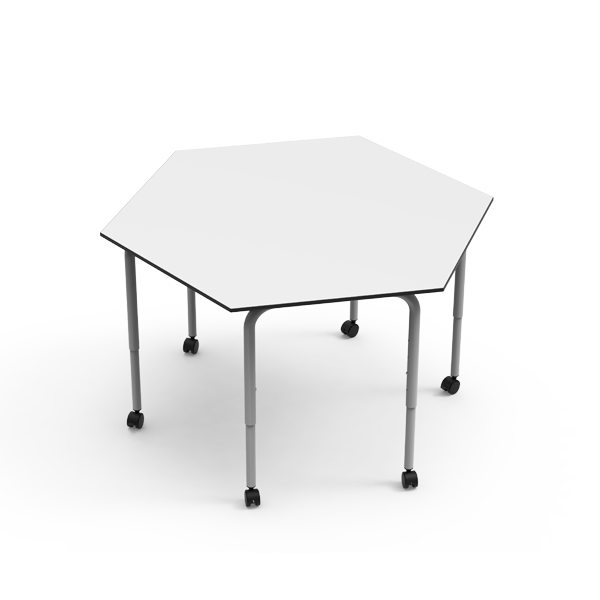 Mesa hexagonal branca com rodas.