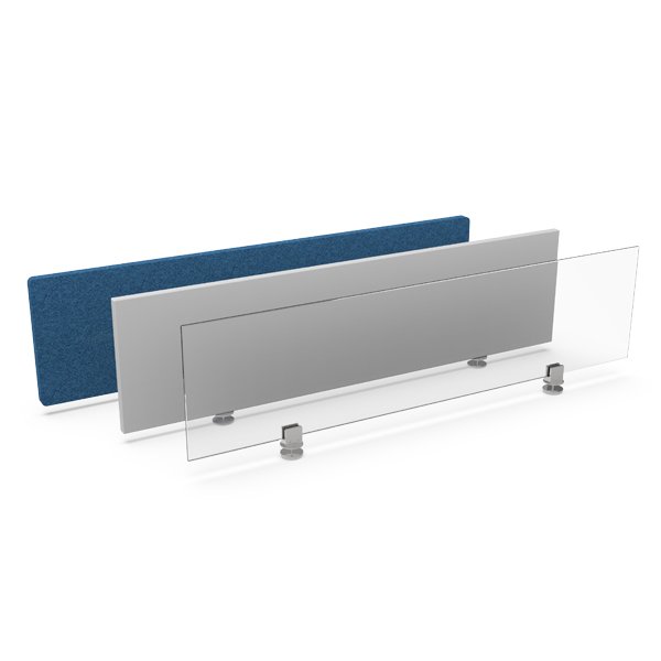 Divisórias de mesa em tecido azul, painel cinzento e vidro transparente, com suportes metálicos.