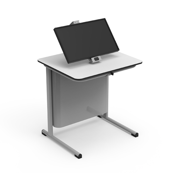 Mesa DOK STATION com tampo branco, painel frontal, pernas metálicas e monitor.