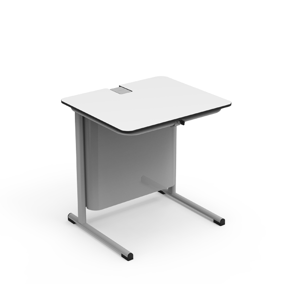 Mesa DOK STATION com tampo branco, painel frontal cinzento e abertura para passagem de cabos.