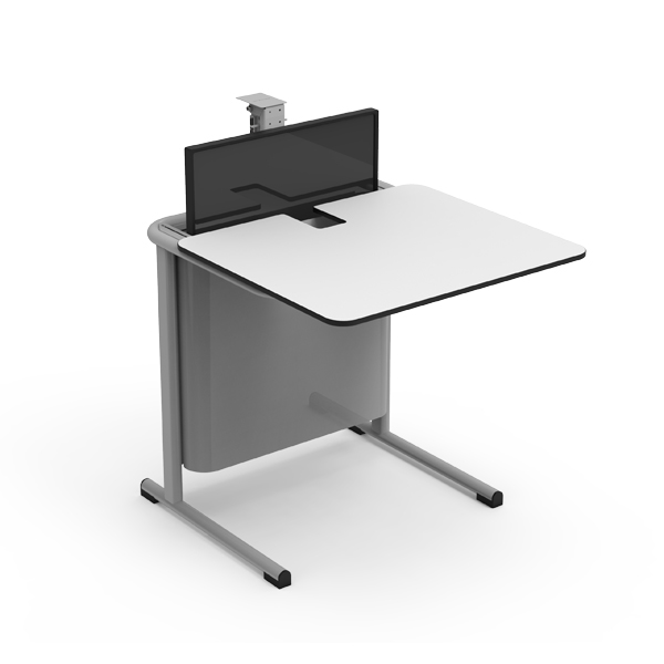 Mesa DOK STATION branca com painel frontal e tomadas integradas na parte posterior do tampo.