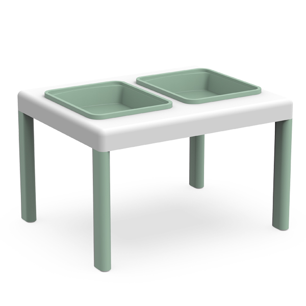 Mesa para o pré-escolar com tampo branco, pernas verdes e dois tabuleiros verdes integrados.