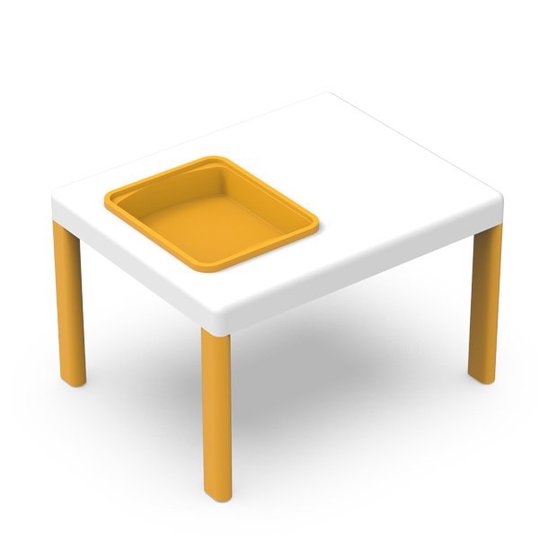 Mesa para o pré-escolar com tampo branco, pernas amarelas e um tabuleiro amarelo integrado.