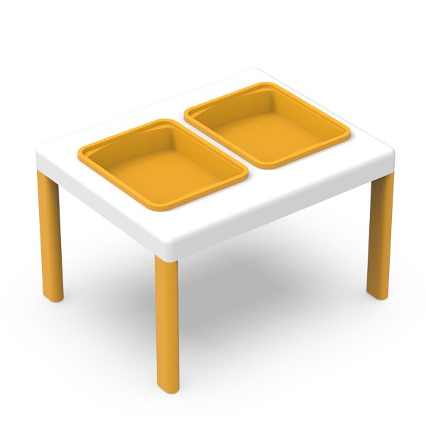 Mesa para o pré-escolar com tampo branco, pernas amarelas e dois tabuleiros amarelos integrados.
