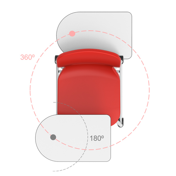 Vista superior de uma cadeira Ergos Shell Note vermelha, com indicações da rotação da palmatória.