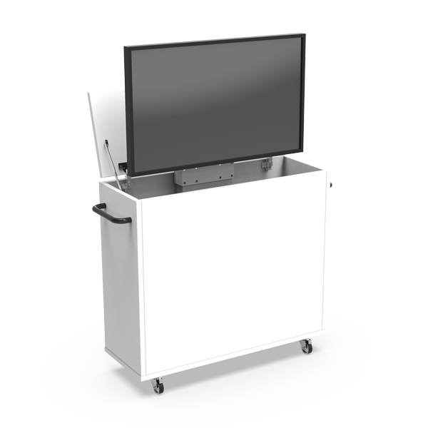 Netboard Flow Box com ecrã elevado, compartimento superior aberto, pega lateral e rodas.