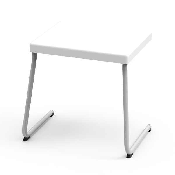 Mesa Individual MAIS Cantilever branca com tampo quadrado e estrutura metálica.