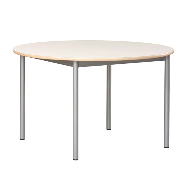 Mesa circular com tampo de madeira clara e pernas metálicas.