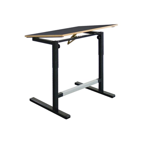 Mesa de desenho preta com tampo inclinado e estrutura metálica com travessa inferior.