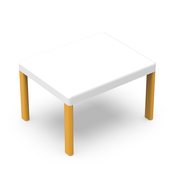 Mesa para o pré-escolar com tampo branco e pernas cilíndricas amarelas.