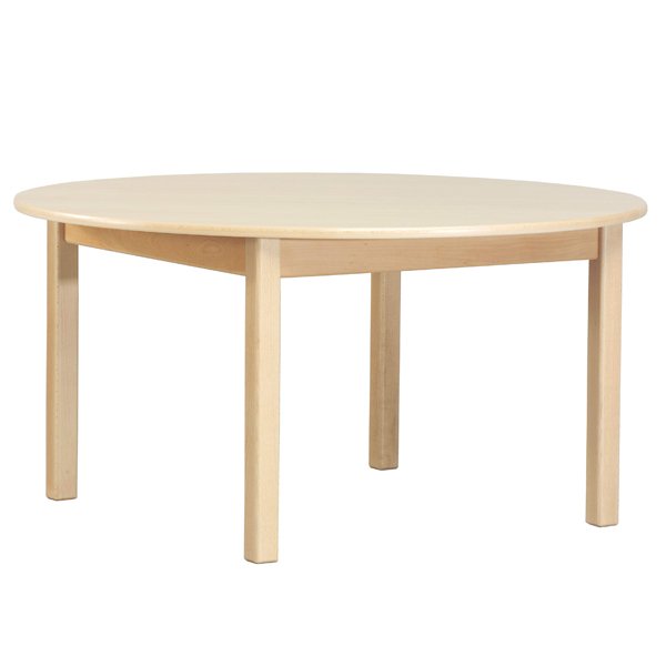 Mesa circular de madeira clara.