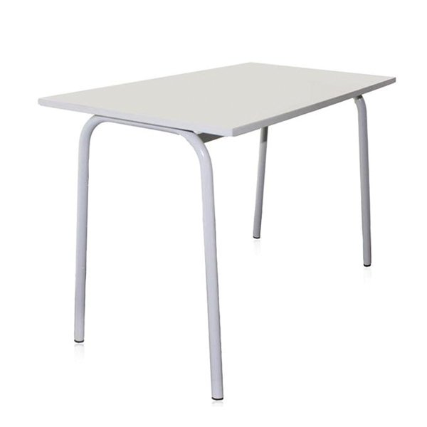 Mesa escolar dupla branca com pernas metálicas tubulares.