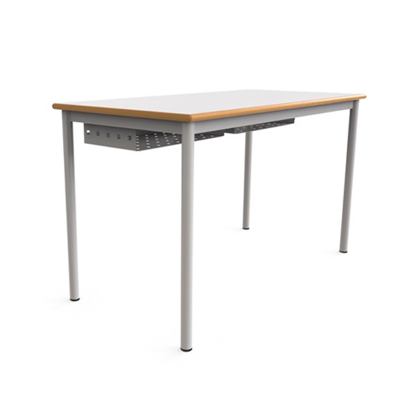Mesa escolar dupla com tampo de madeira clara e subtampo metálico perfurado.